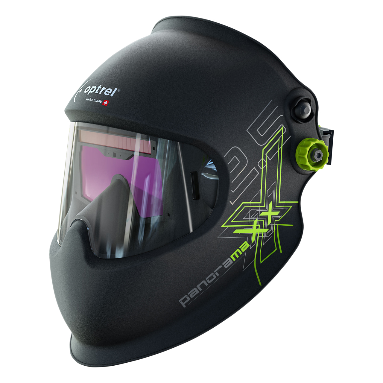 Schwarzer Schweißhelm Optrel PANORAMAX mit großem Sichtfenster und grüner Verstellschraube
