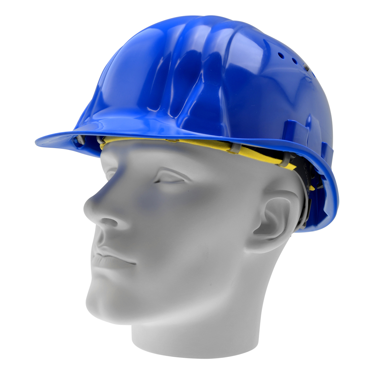 Blauer Bauhelm für Baumeister mit Belüftungslöchern auf grauem Kopfmodell