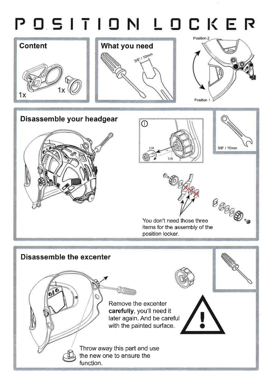 Schwarz-weiße Montageanleitung für Position Locker mit Werkzeugen, Helm und Explosionszeichnung der Einzelteile.