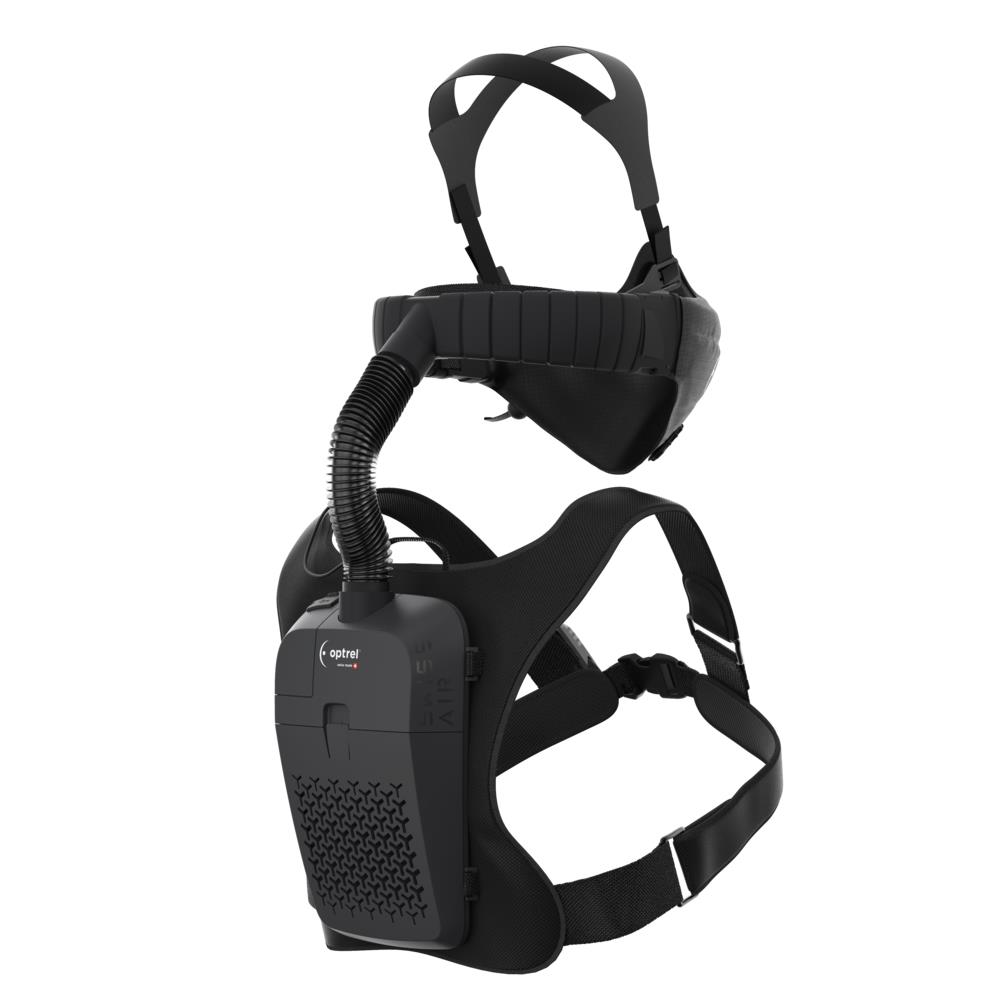 Schwarzes optrel Swissair Atemschutzgerät mit Kopfteil und Rückentragegestell