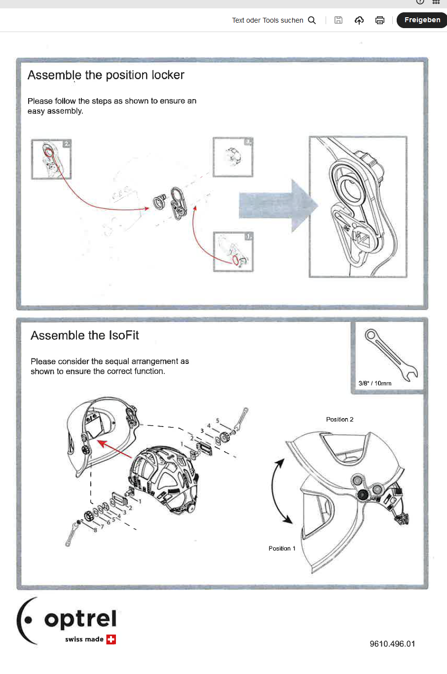 Schwarz-weiße Montageanleitung für Position Locker mit Werkzeugen, Helm und Explosionszeichnung der Einzelteile.