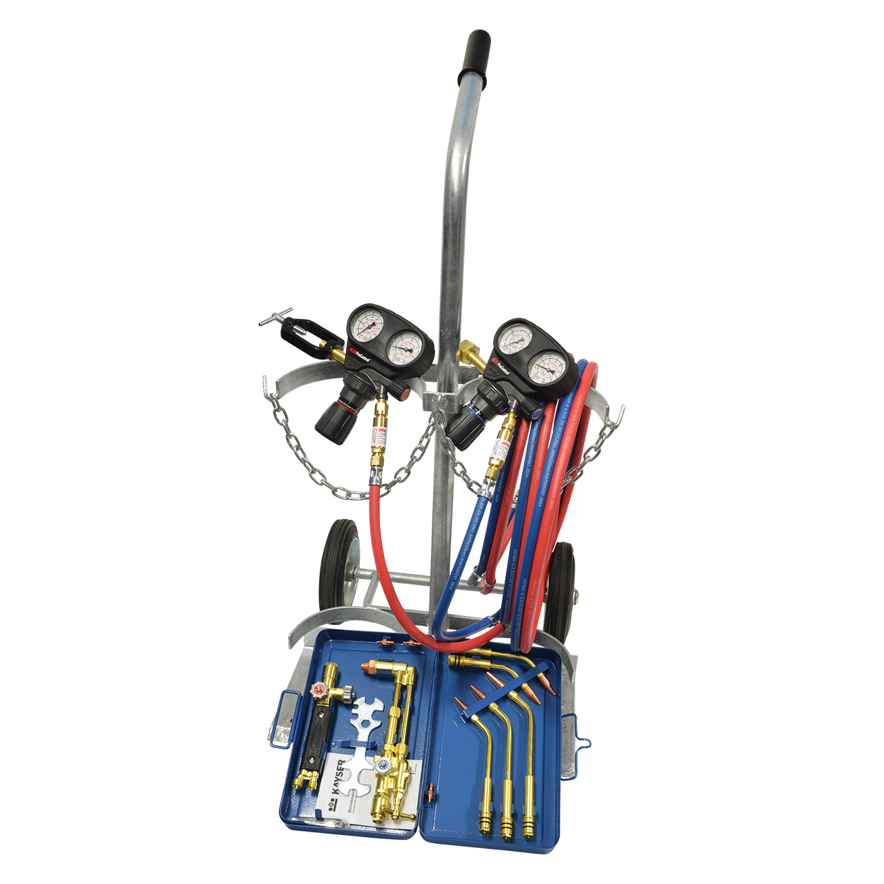 Tragbarer Schweißgasdruckregler mit zwei Manometern, roten und blauen Schläuchen, montiert auf einem Wagen mit Zubehör in einem blauen Koffer