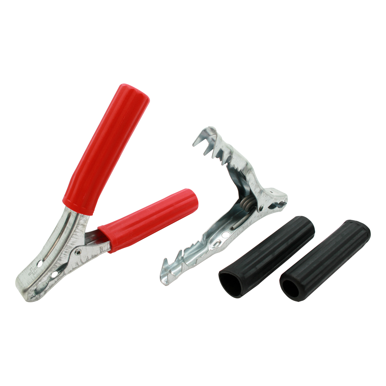 Metall-Batterieklemme mit roten Griffen und zwei schwarzen Isolierhülsen