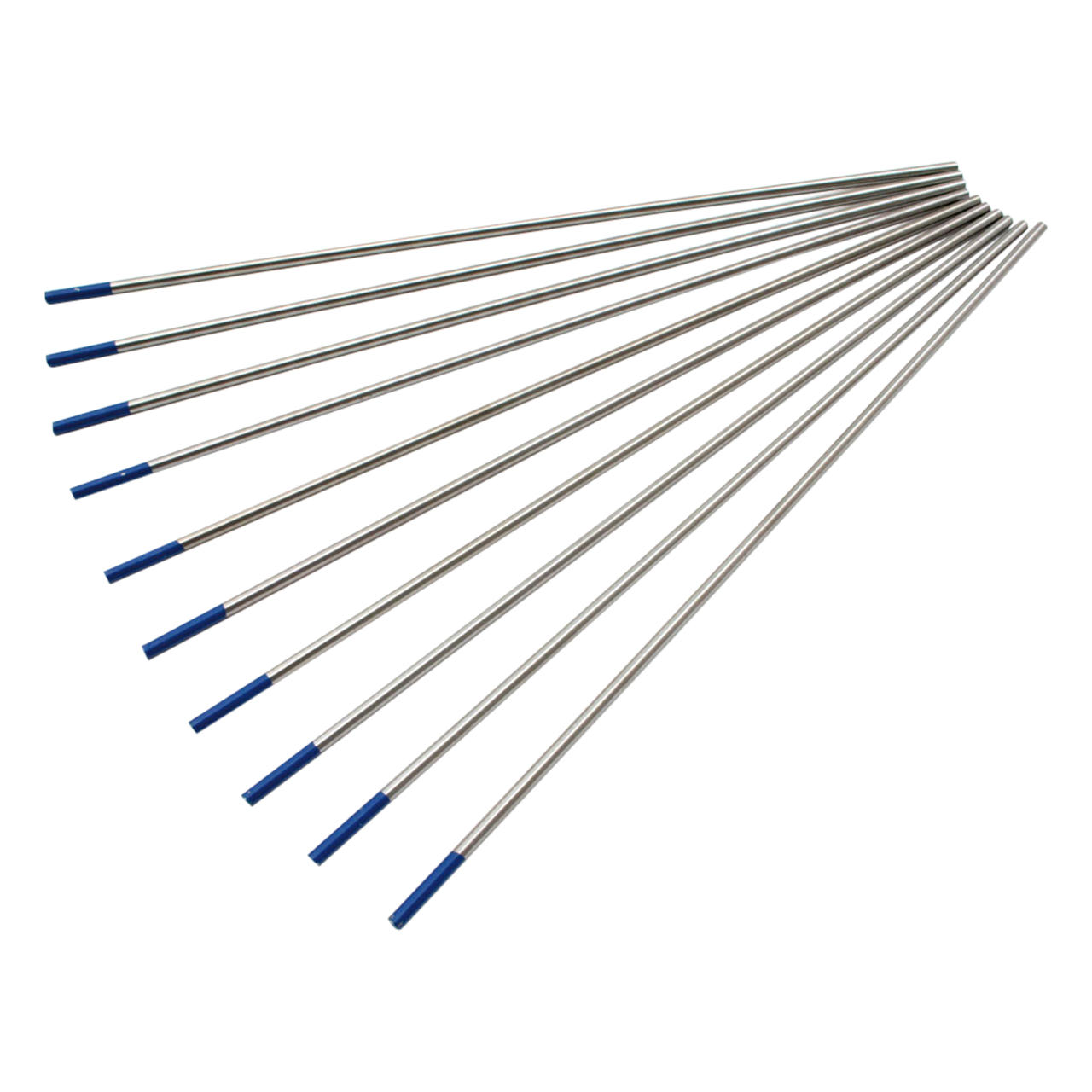 Zehn silberne WIG-Wolframelektroden mit blauer Spitze nebeneinander auf weißem Hintergrund