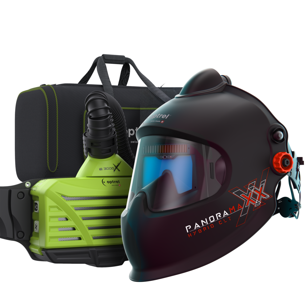 Schwarzer Schweißhelm Optrel Panoramaxx Hybrid CIT mit grünem Atemschutzgerät E3000X und schwarzer Tragetasche