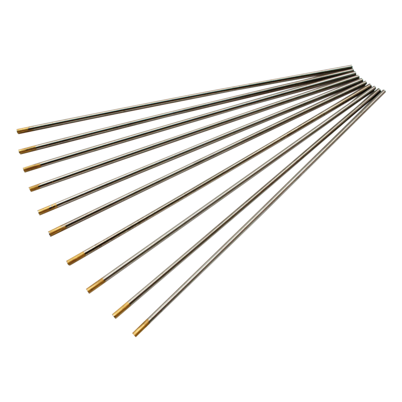 Zehn silberne WIG-Wolframelektroden mit goldfarbenen Spitzen nebeneinander auf weißem Hintergrund