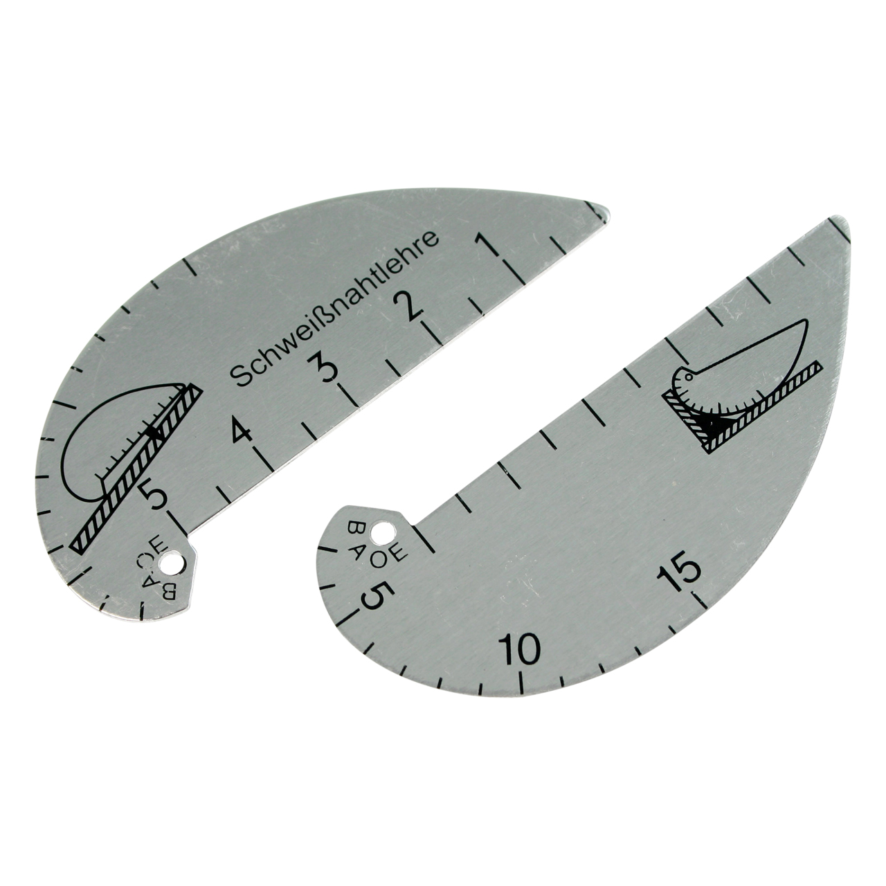Zwei silberne Schweißnahtlehren aus Metall mit Skalen und Schweißnaht-Symbolen zur Messung von Nahtgrößen