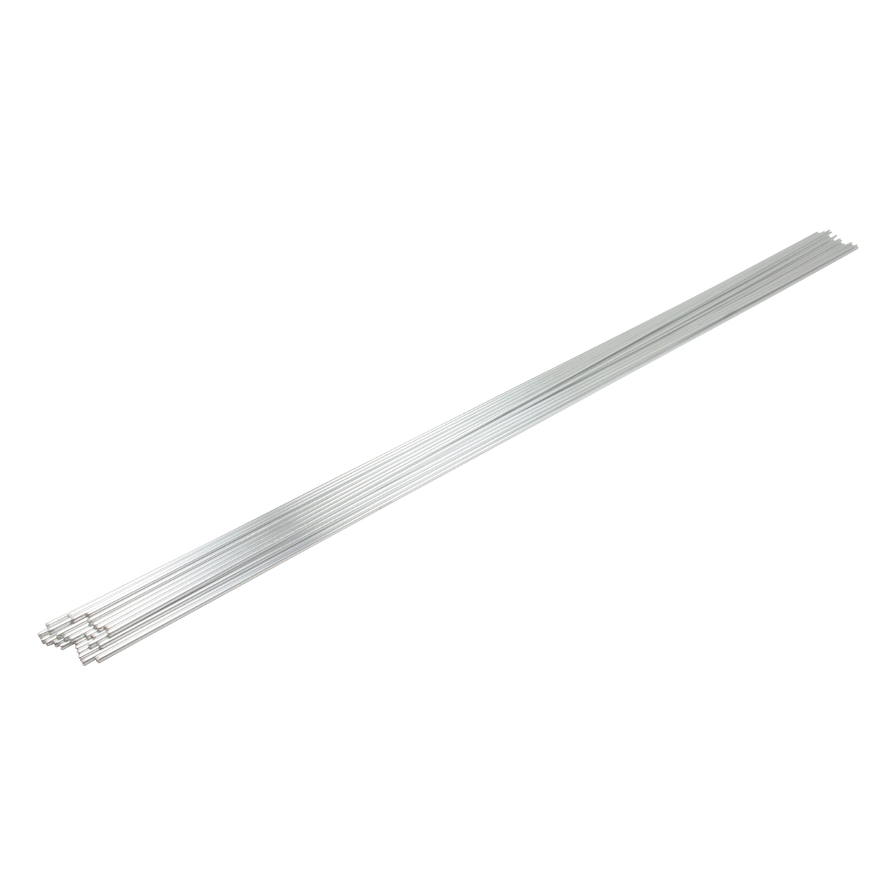 Mehrere lange, dünne Aluminium-Schweißdrähte nebeneinander auf weißem Hintergrund