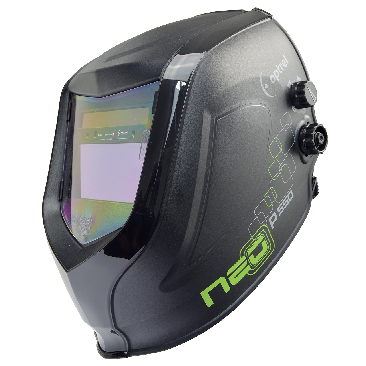 Schwarzer Schweißhelm Optrel P550 Neo mit verstellbaren Reglern und großem Sichtfenster