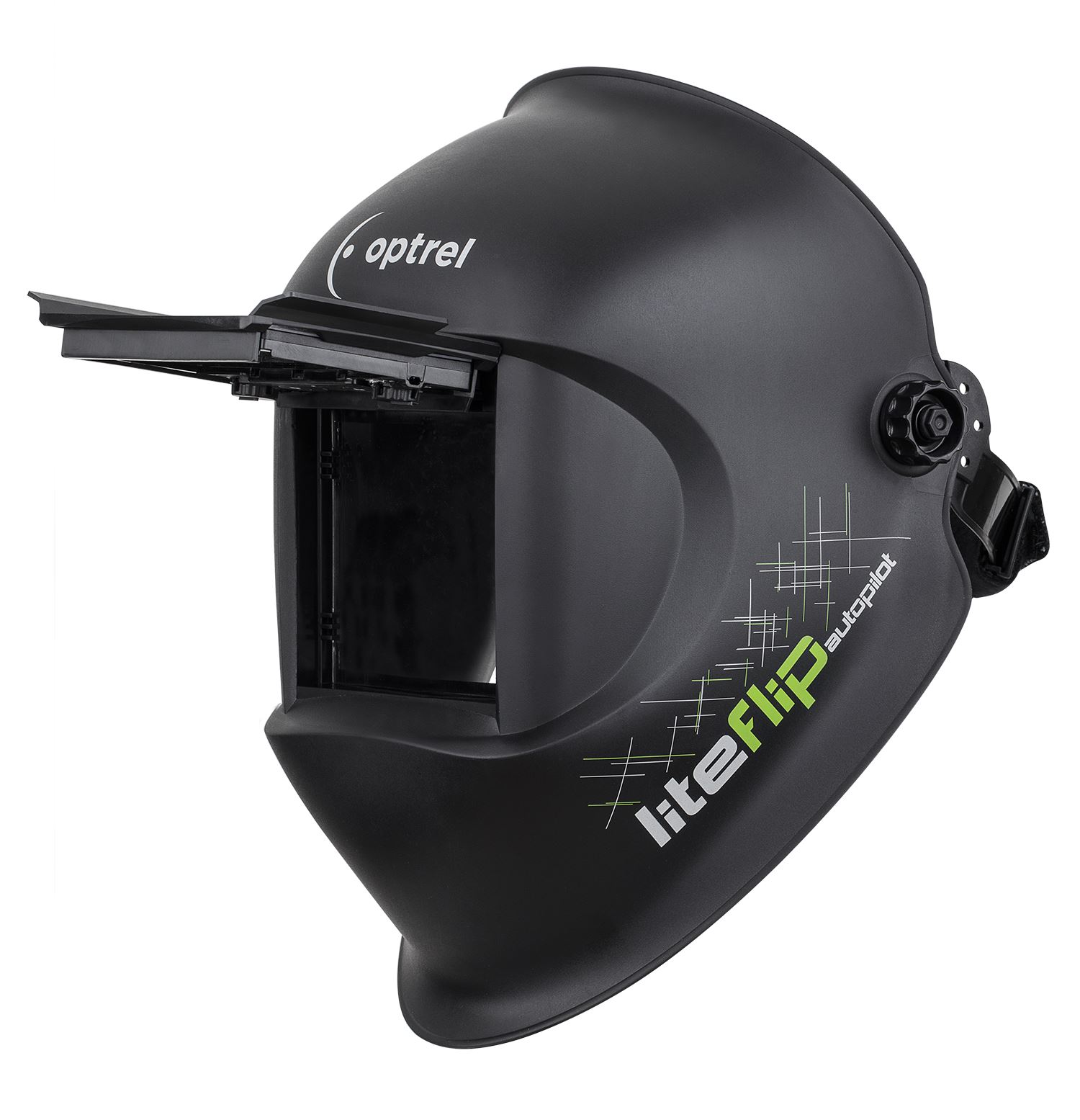 Schwarzer Schweißhelm Optrel liteFlip mit Klappfenster und verstellbarem Kopfband