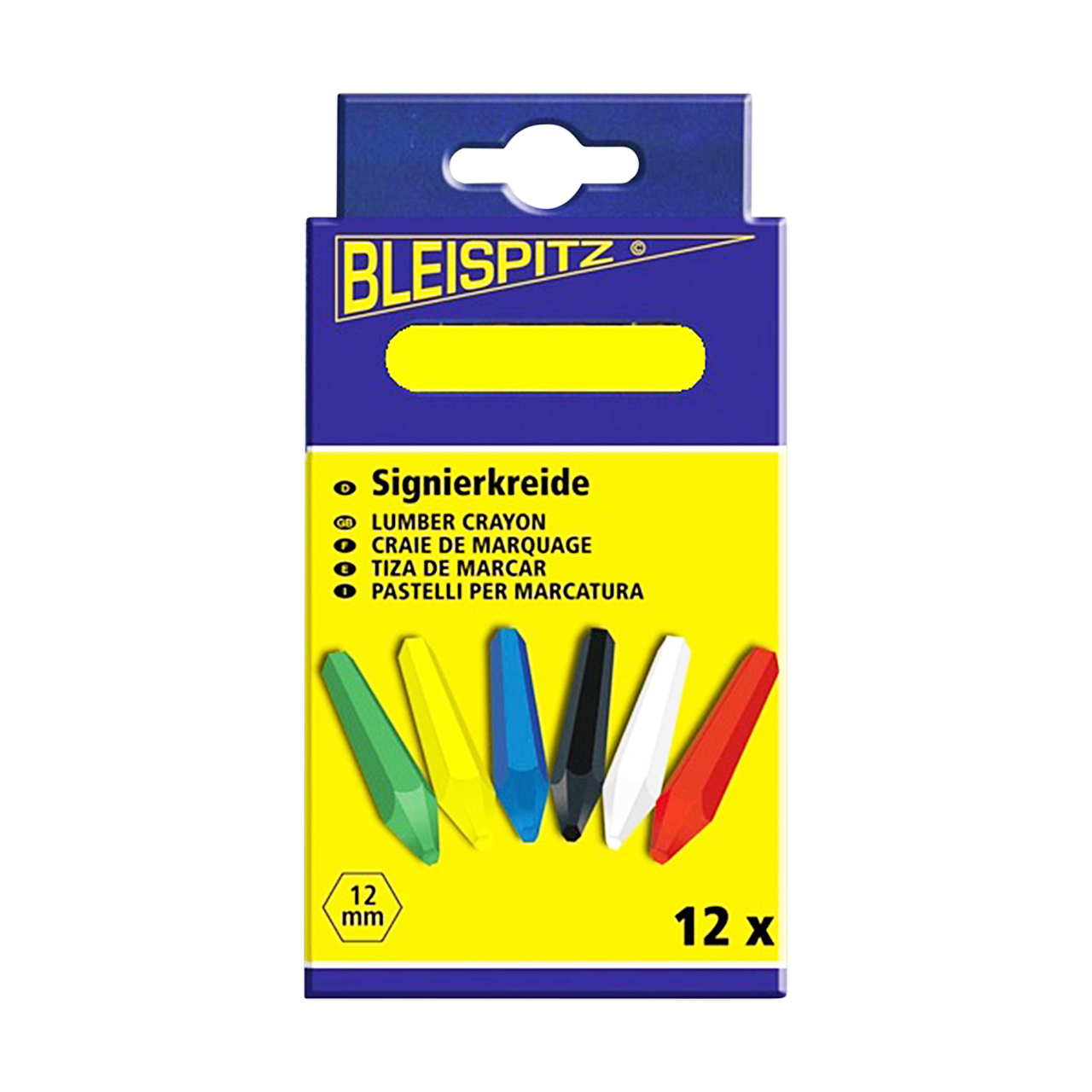 Packung mit 12 bunten Signierkreiden von Bleispitz in den Farben grün, gelb, blau, schwarz, weiß und rot