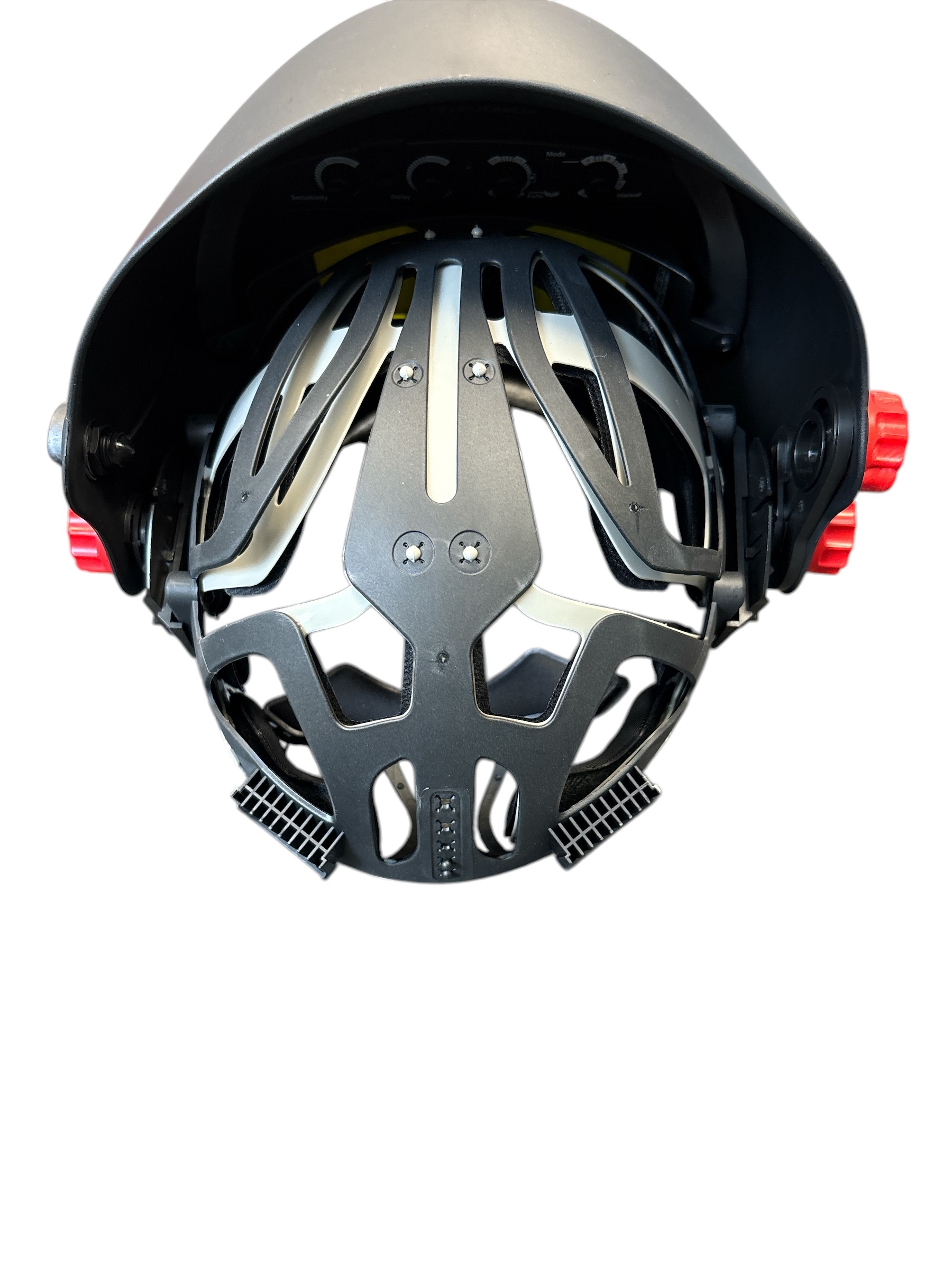 Schwarzer Schweißhelm Panoramaxx Hybrid mit großem Sichtfenster und rotem Einstellrad