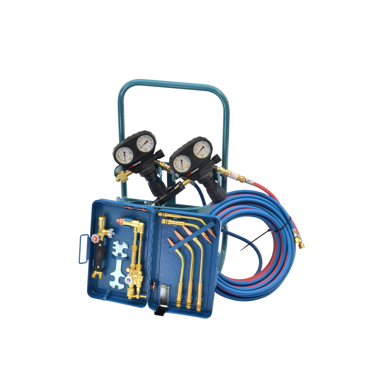 Gasflaschenträger mit zwei Manometern, blauen und roten Schläuchen sowie offenem Koffer mit Messing-Schweißbrenneraufsätzen