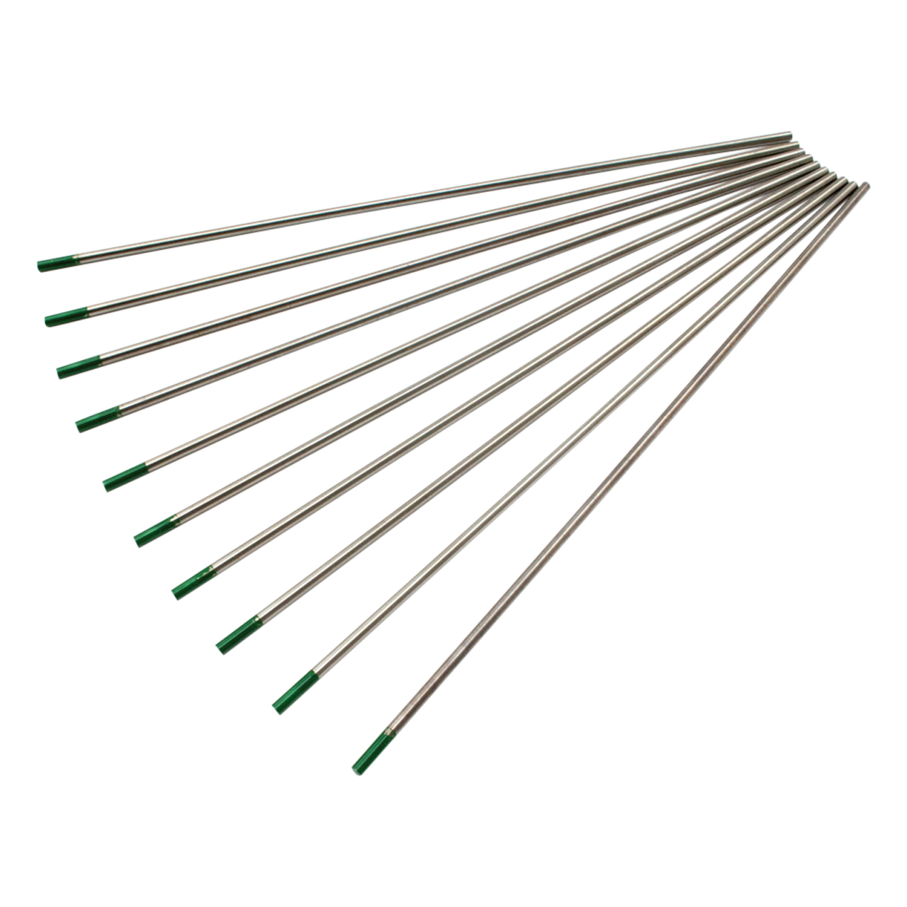 Zehn silberne WIG-Wolframelektroden mit grünen Enden nebeneinander auf weißem Hintergrund
