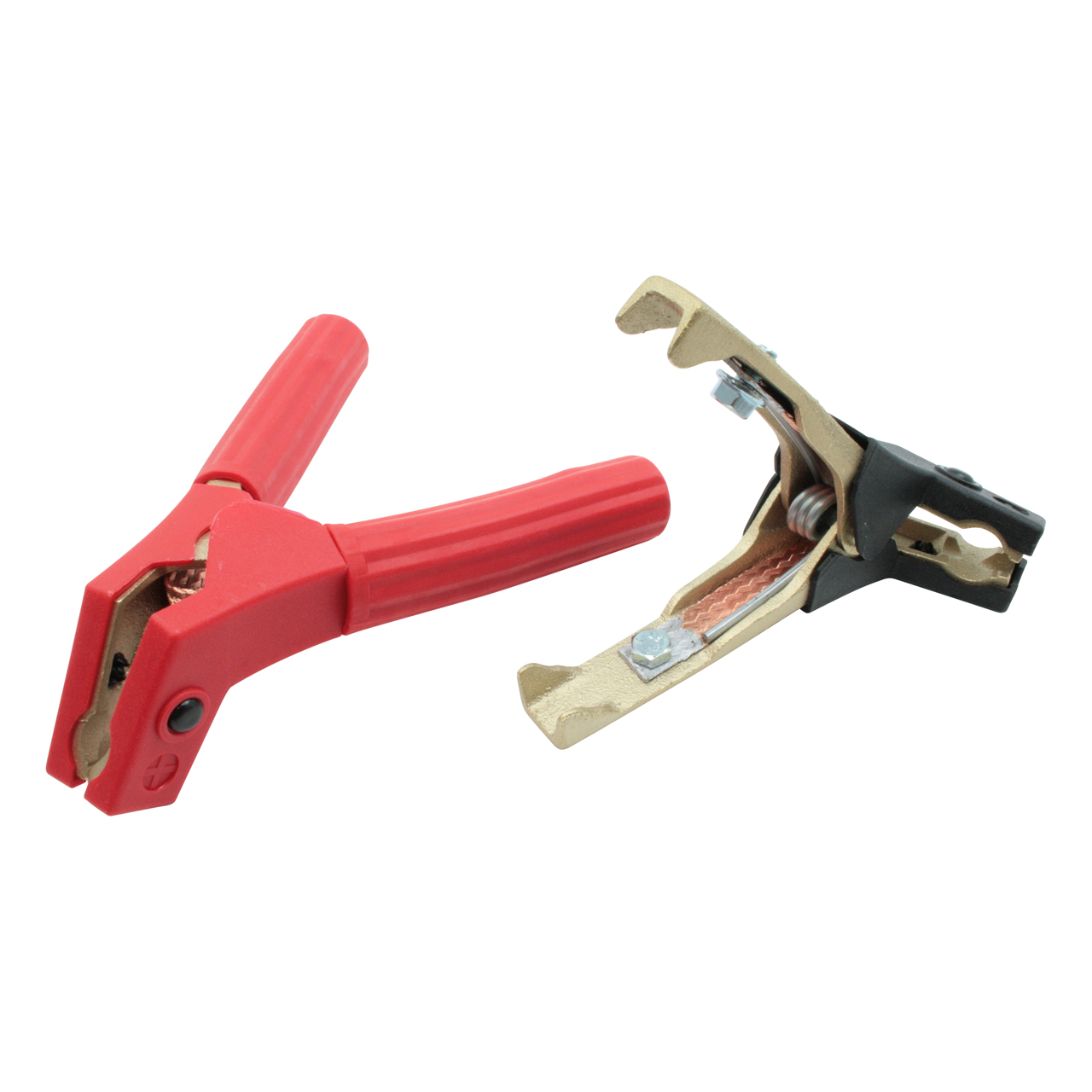 Rote und schwarze Batterieklemme mit Metallzähnen und Kunststoffgriff