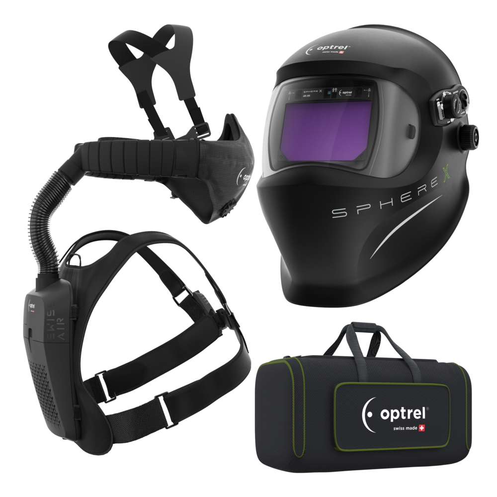 Schwarzer Schweißhelm Optrel Sphere X mit integriertem Luftversorgungssystem und passender Transporttasche