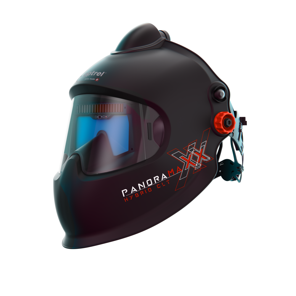 Schwarzer Schweißhelm Panoramaxx Hybrid CLT mit großem Sichtfenster und rotem Einstellrad