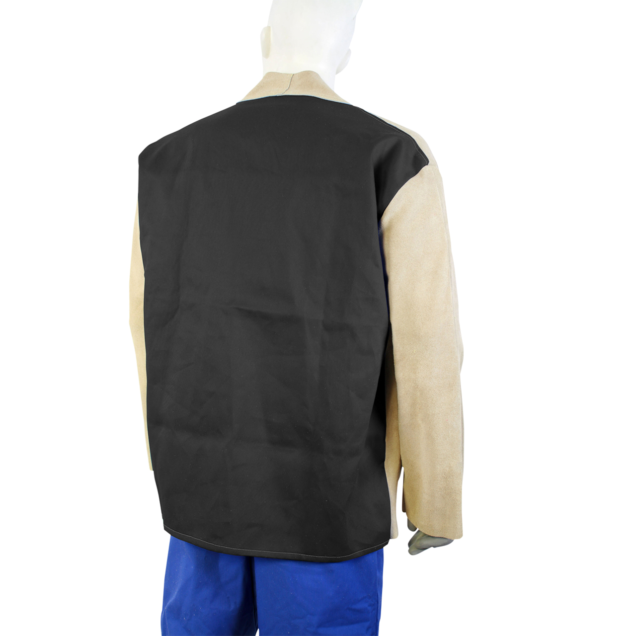 Schweißerjacke aus hellbraunem Spaltleder mit schwarzem Stoffrücken und langen Ärmeln