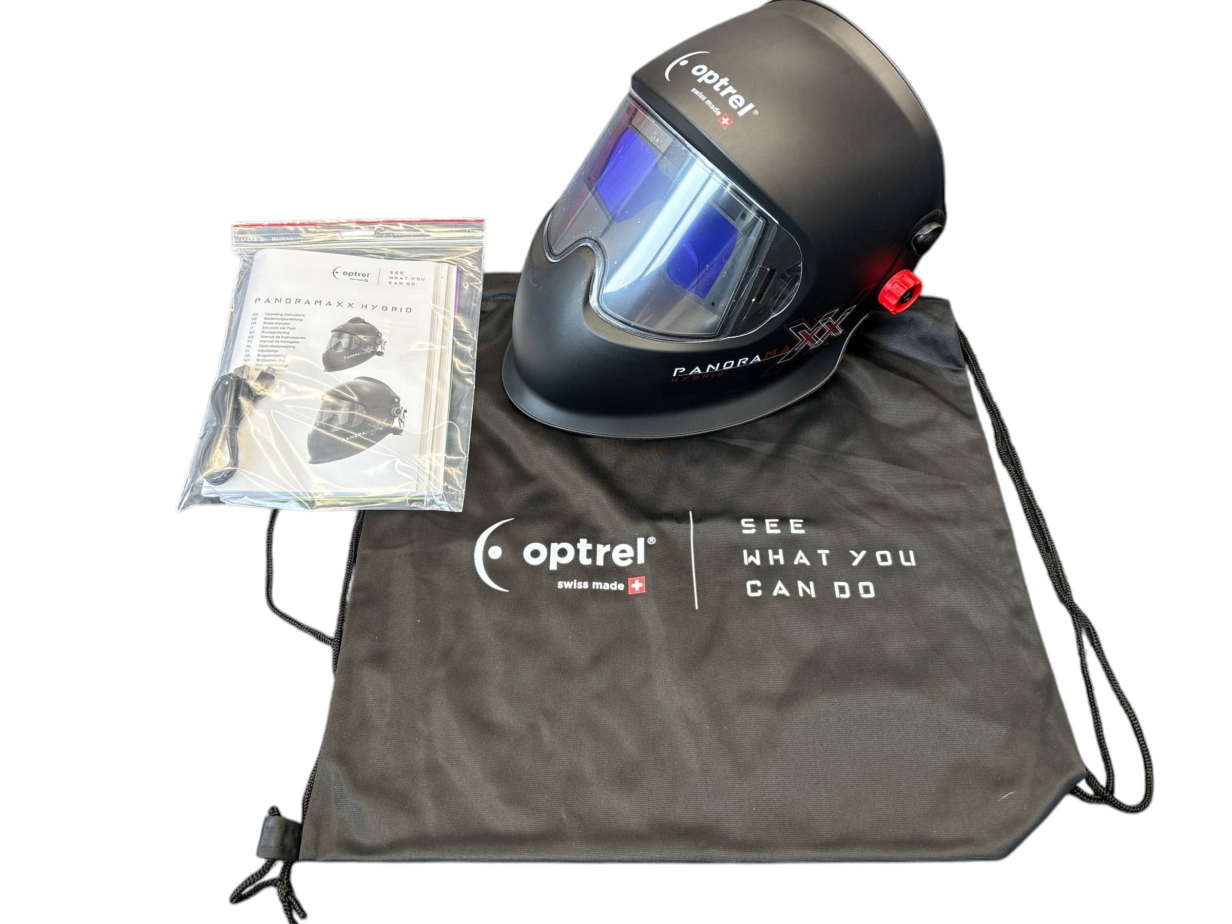 Schwarzer Schweißhelm Panoramaxx Hybrid mit großem Sichtfenster und rotem Einstellrad