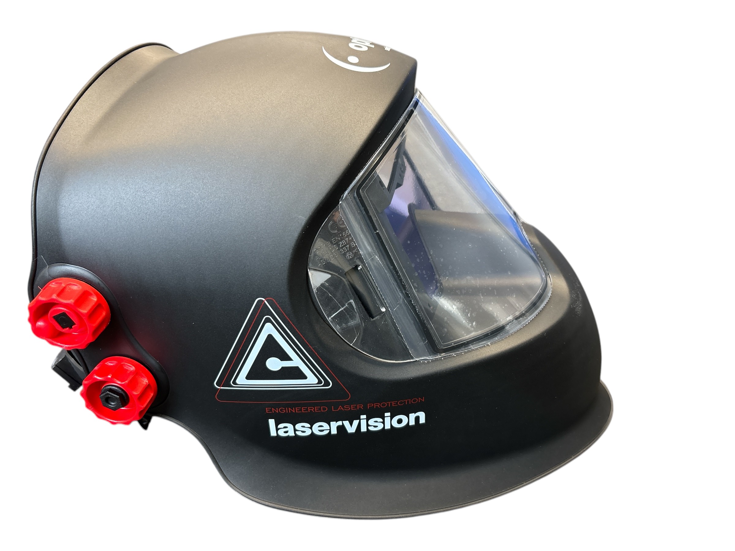 Schwarzer Schweißhelm Panoramaxx Hybrid mit großem Sichtfenster und rotem Einstellrad