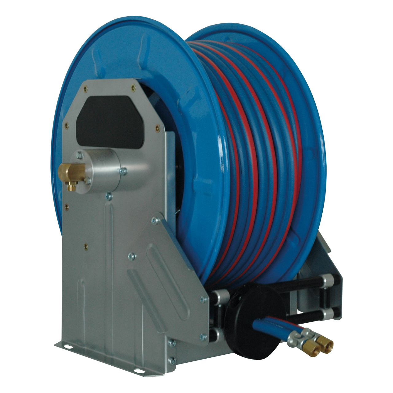 Automatischer Schlauchaufroller mit blauem Schlauch und Metallgehäuse