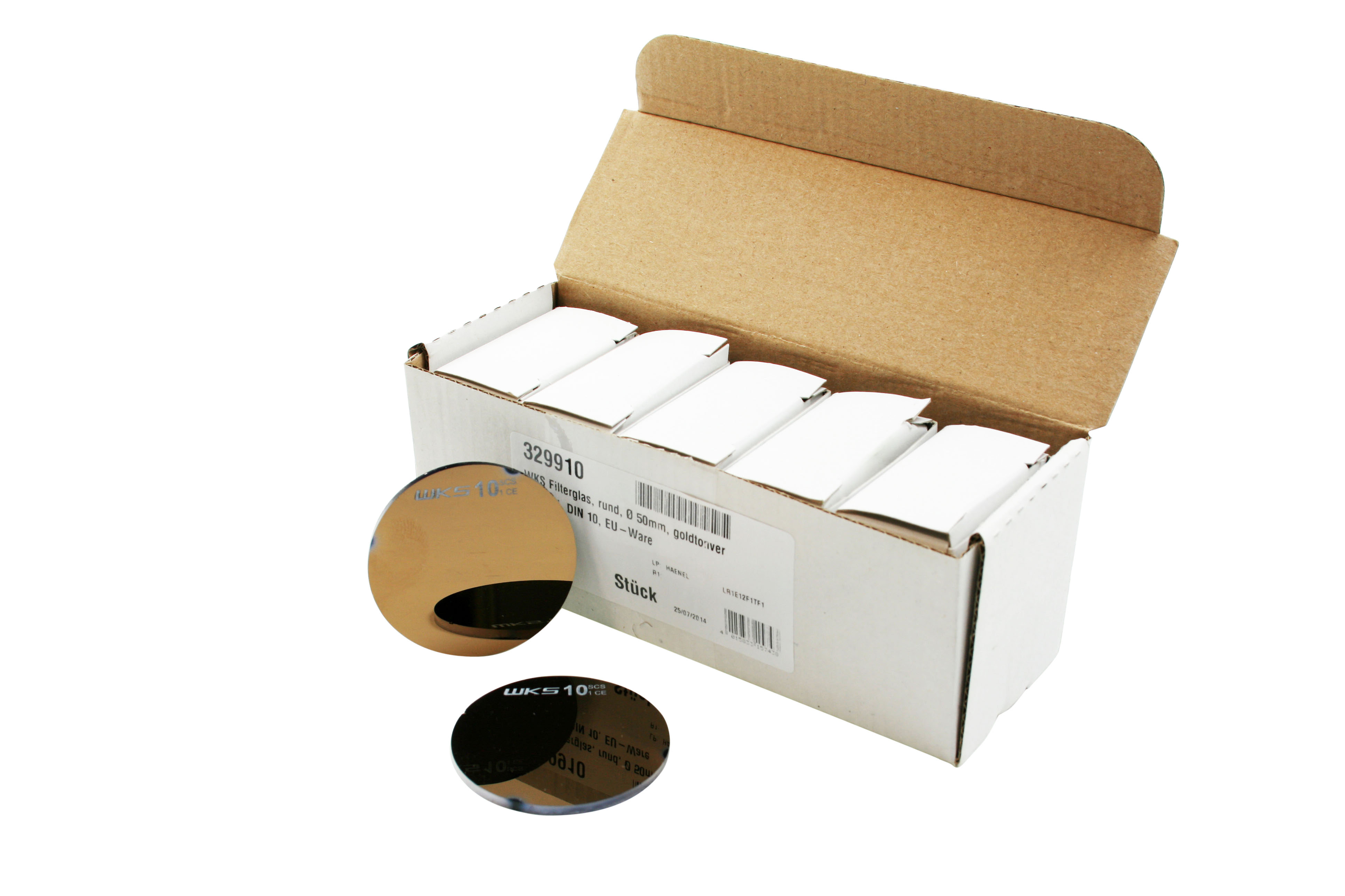 Runde, verspiegelt goldfarbene WKS Filtergläser mit 50 mm Durchmesser vor geöffneter Verpackung