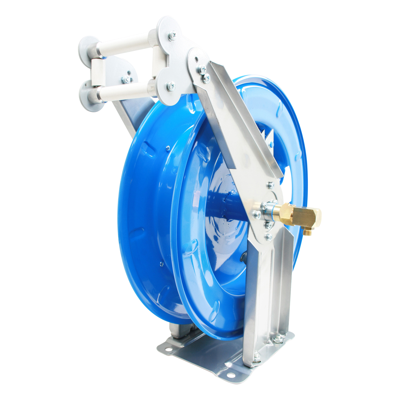 Automatischer Schlauchaufroller mit blauem Metallgehäuse und silberner Halterung