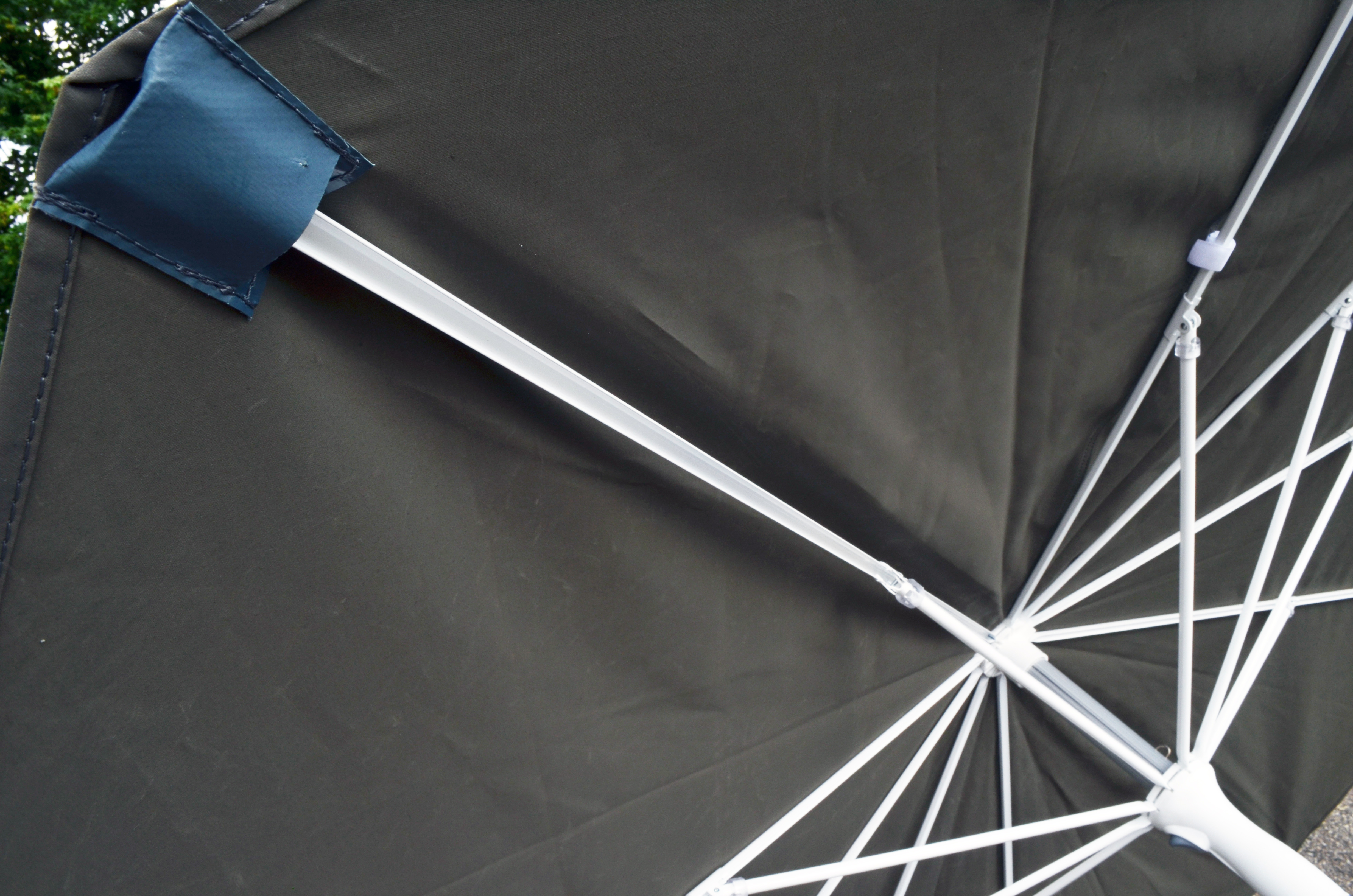 Innenseite eines geöffneten schwarzen Regenschirms mit weißen Metallstreben