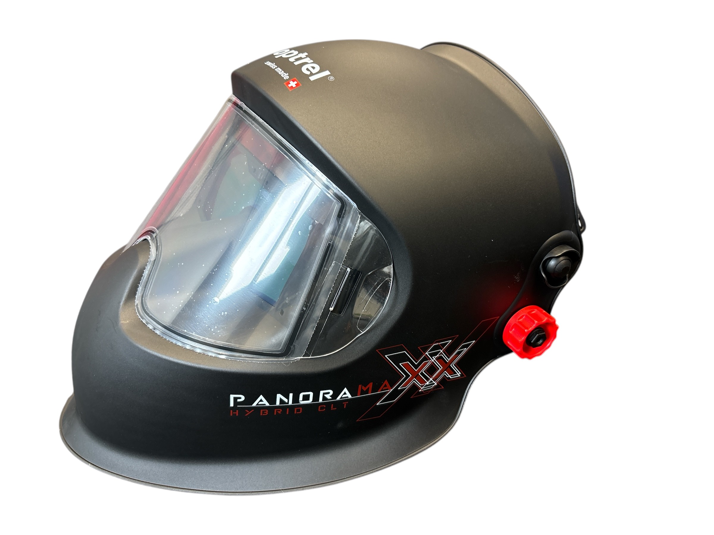 Schwarzer Schweißhelm Panoramaxx Hybrid CLT mit großem Sichtfenster und rotem Einstellrad