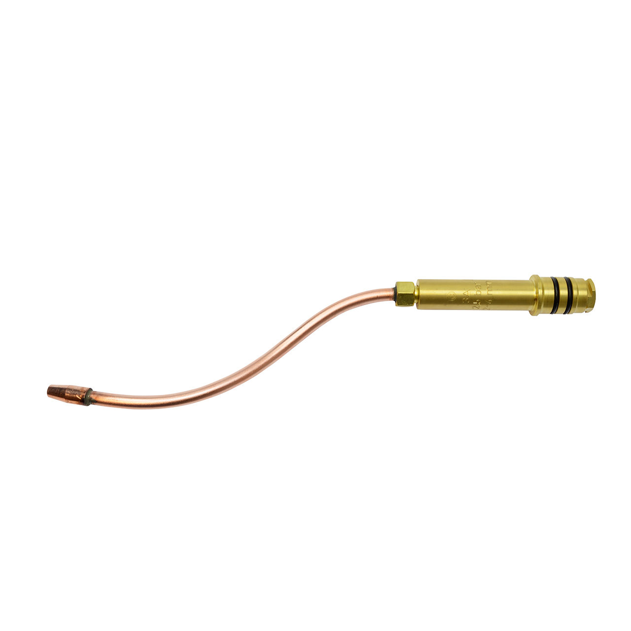 Gebogenes Schweißbrennerrohr aus Kupfer mit Messinganschluss und zwei schwarzen Dichtungsringen