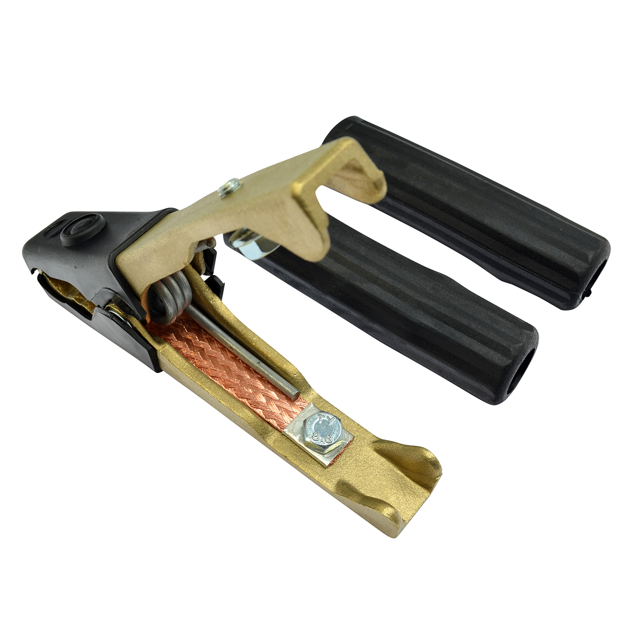 Batterieklemme aus Metall mit schwarzer Kunststoffummantelung und Kupferleiter, 1000 Ampere