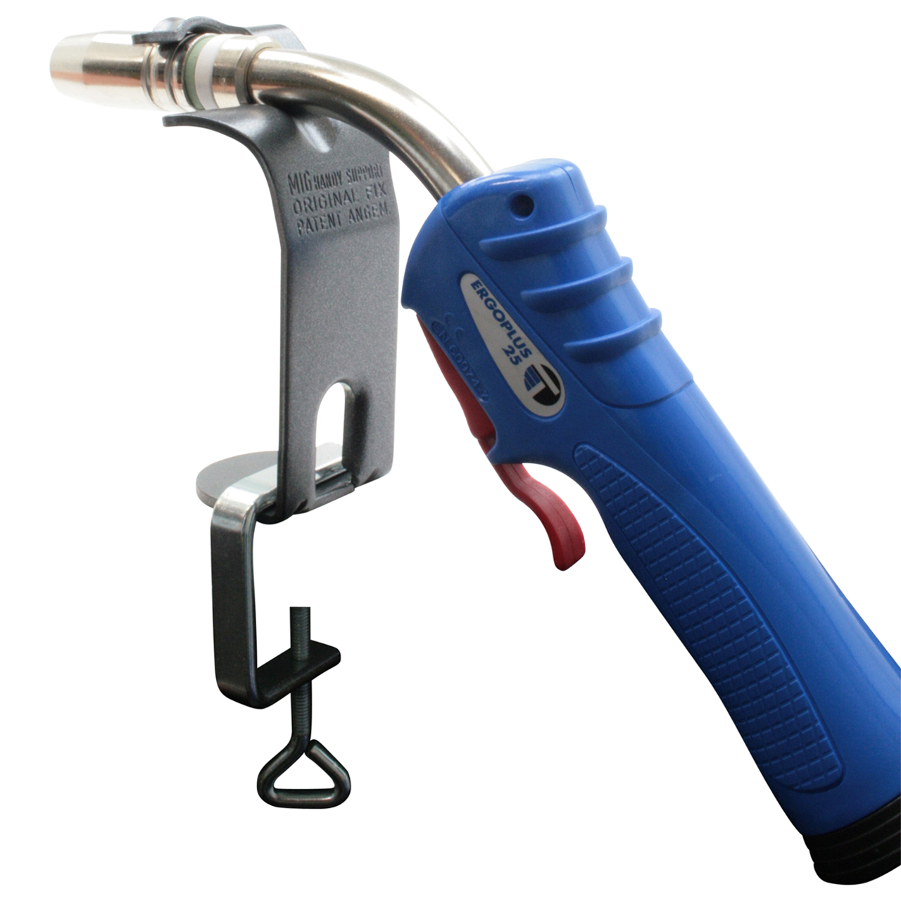 Brennerhalterung aus Metall mit Schraubklemme und blauer MIG-MAG-Schweißbrennergriff mit rotem Abzug