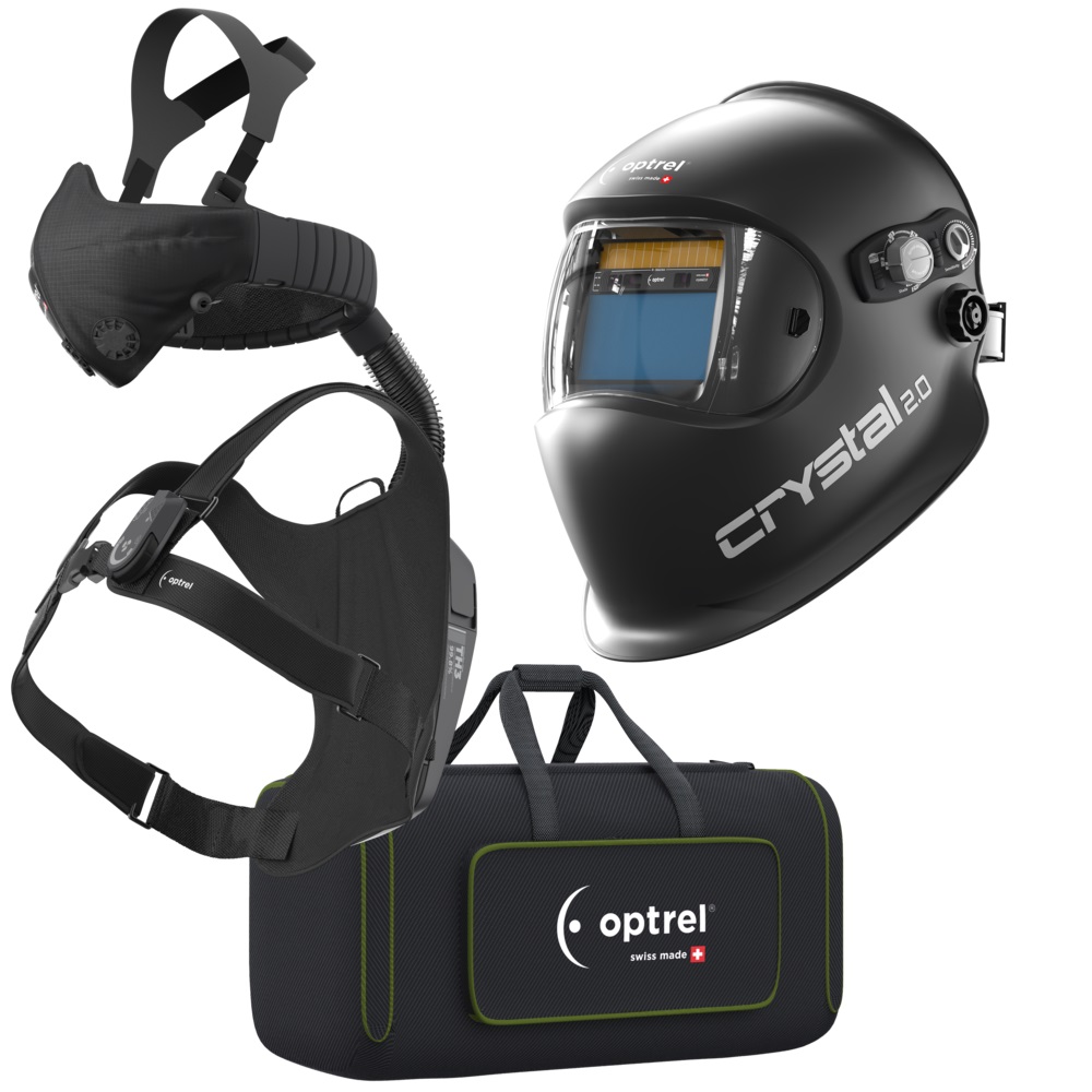 Optrel Crystal 2.0 Schweißhelm mit Gebläseatemschutz e3000X, Tragesystem und Transporttasche – komplettes Schweißerschutzsystem in Schwarz.