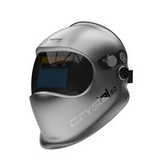 Silberne Schweißhelm mit integriertem Sichtfenster und Einstellknöpfen an der Seite