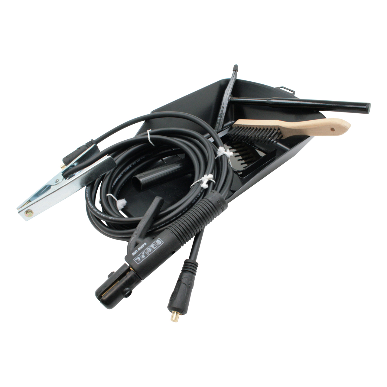 Schweißplatzausrüstung mit Kabel, Elektrodenhalter, Metallbürste mit Holzgriff und Schweißzubehör in schwarzer Kunststoffwanne