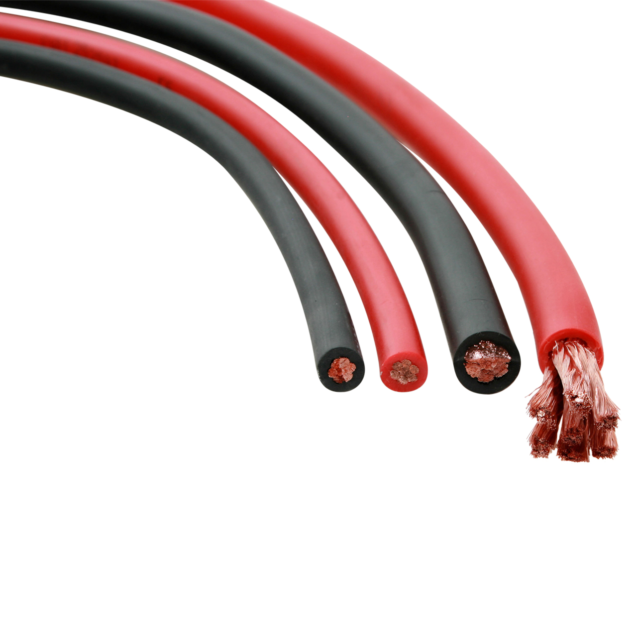 Vier unterschiedlich dicke Batteriekabel mit roter und schwarzer PVC-Isolierung und Kupferlitzen