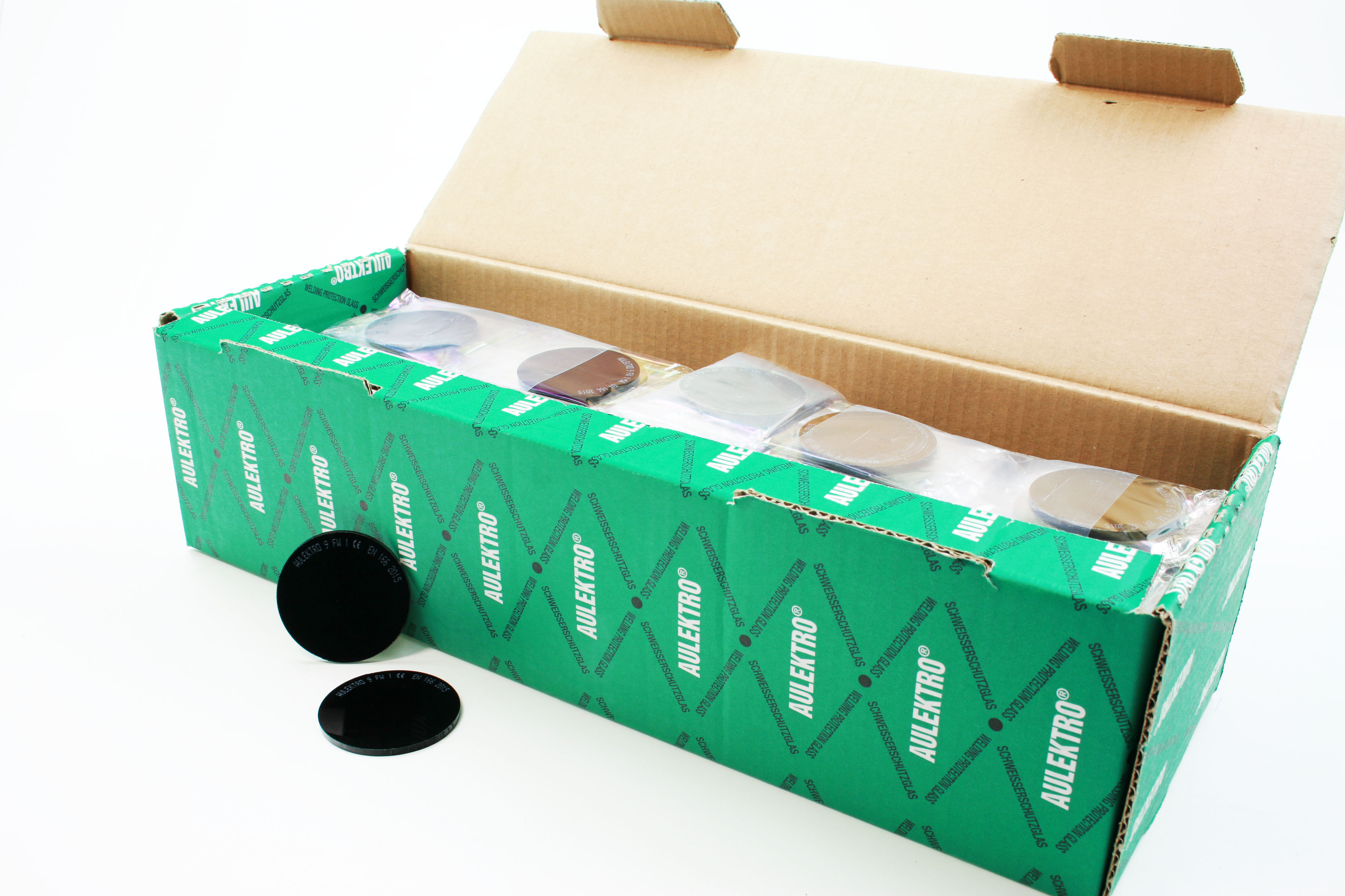 Grüne Verpackung mit der Aufschrift 'AULEKTRO' enthält schwarze runde Schweißelektroden
