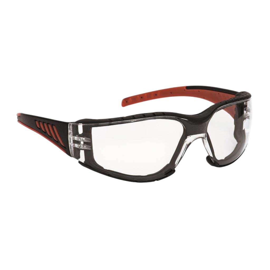 Schutzbrille AB1, schwarz/rot, klare Scheibe
EVA Augenraumschutz (herausnehmbar), 2K Bügel
