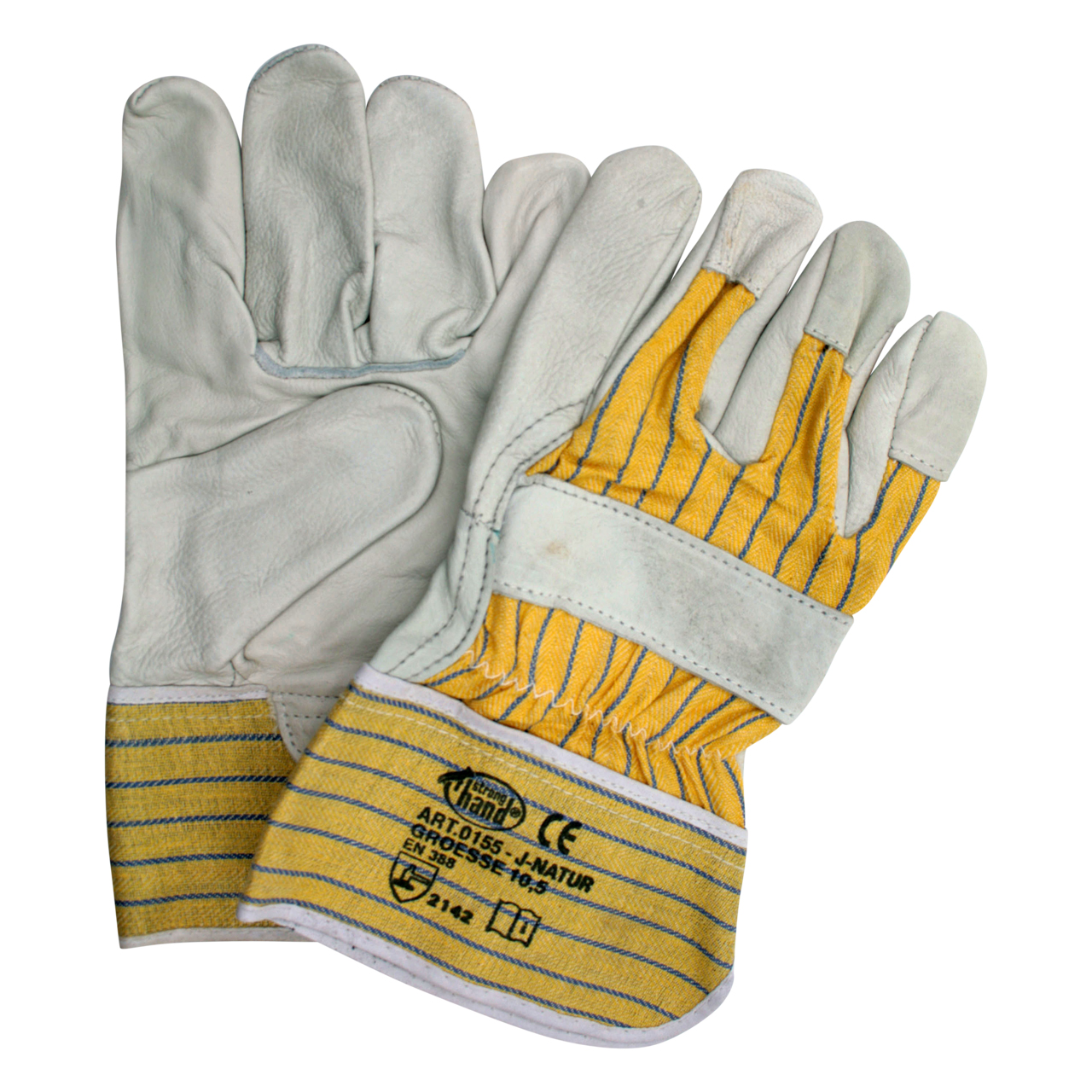 Arbeitshandschuhe aus weißem Leder mit gelb gestreiftem Stoffbund und Aufdruck 'ART.0155 J-NATUR Größe 10-½'