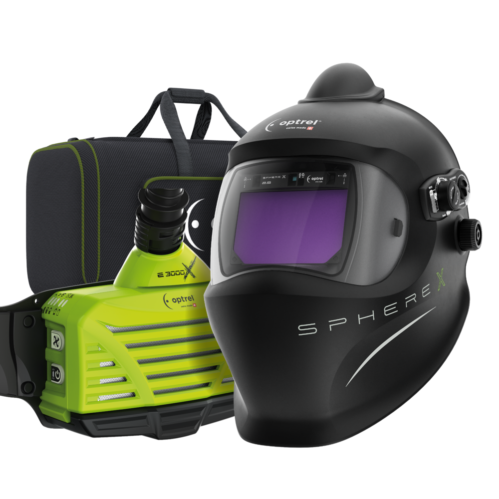 Schwarzer Schweißhelm Optrel SphereX mit integriertem Luftfiltersystem E3000X in grün und schwarzer Transporttasche