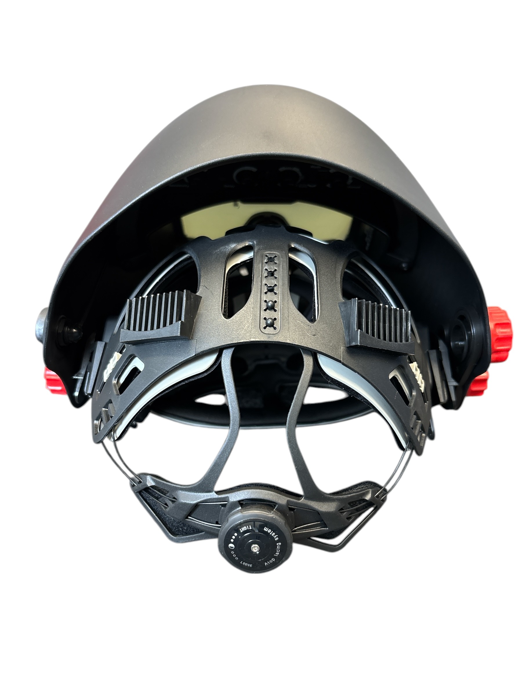 Schwarzer Schweißhelm Panoramaxx Hybrid CLT mit großem Sichtfenster und rotem Einstellrad