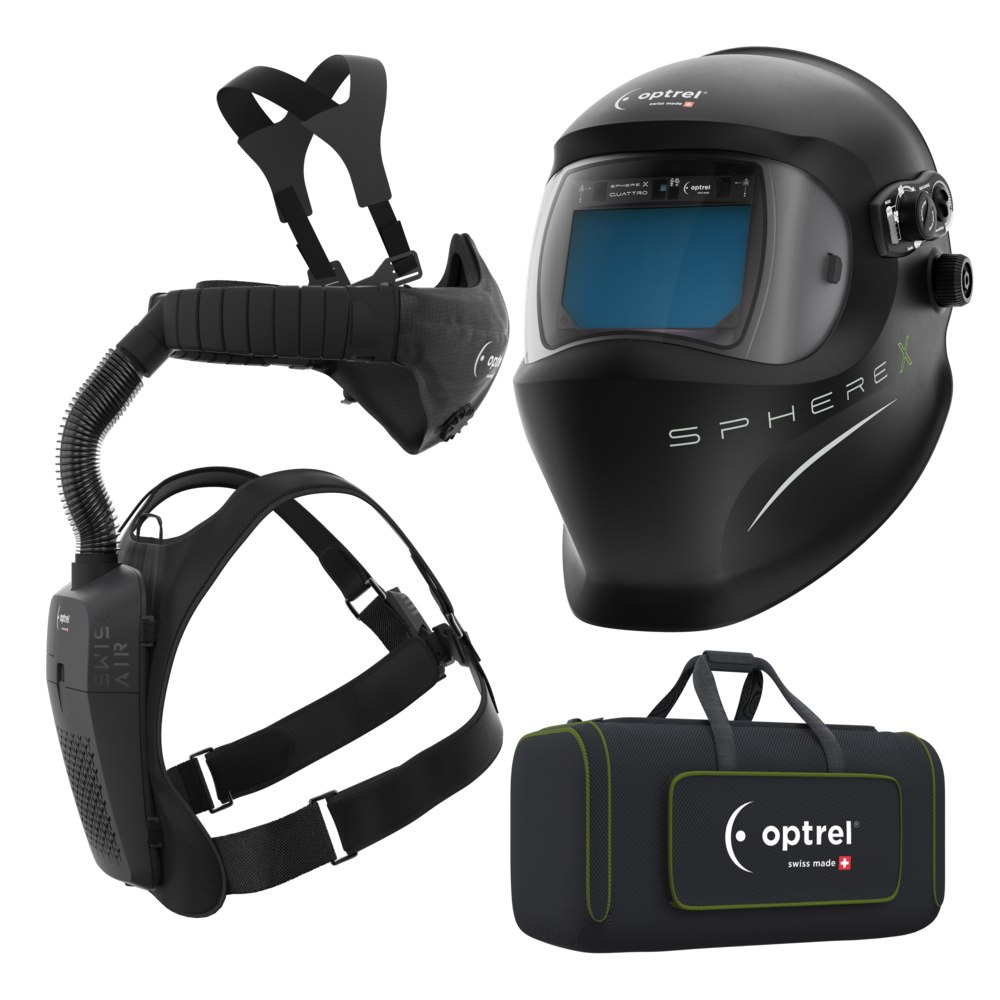 Schwarzer optrel SphereX Quattro Schweißhelm mit integriertem Atemschutzsystem und passender Transporttasche