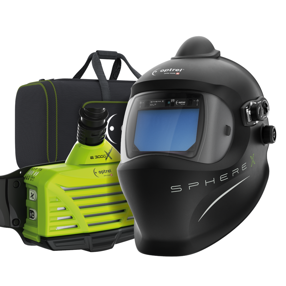 Schwarzer Schweißhelm Optrel Sphere X mit blau getöntem Sichtfenster, grün-schwarzes Atemschutzgerät Optrel E3000X und schwarze Tragetasche