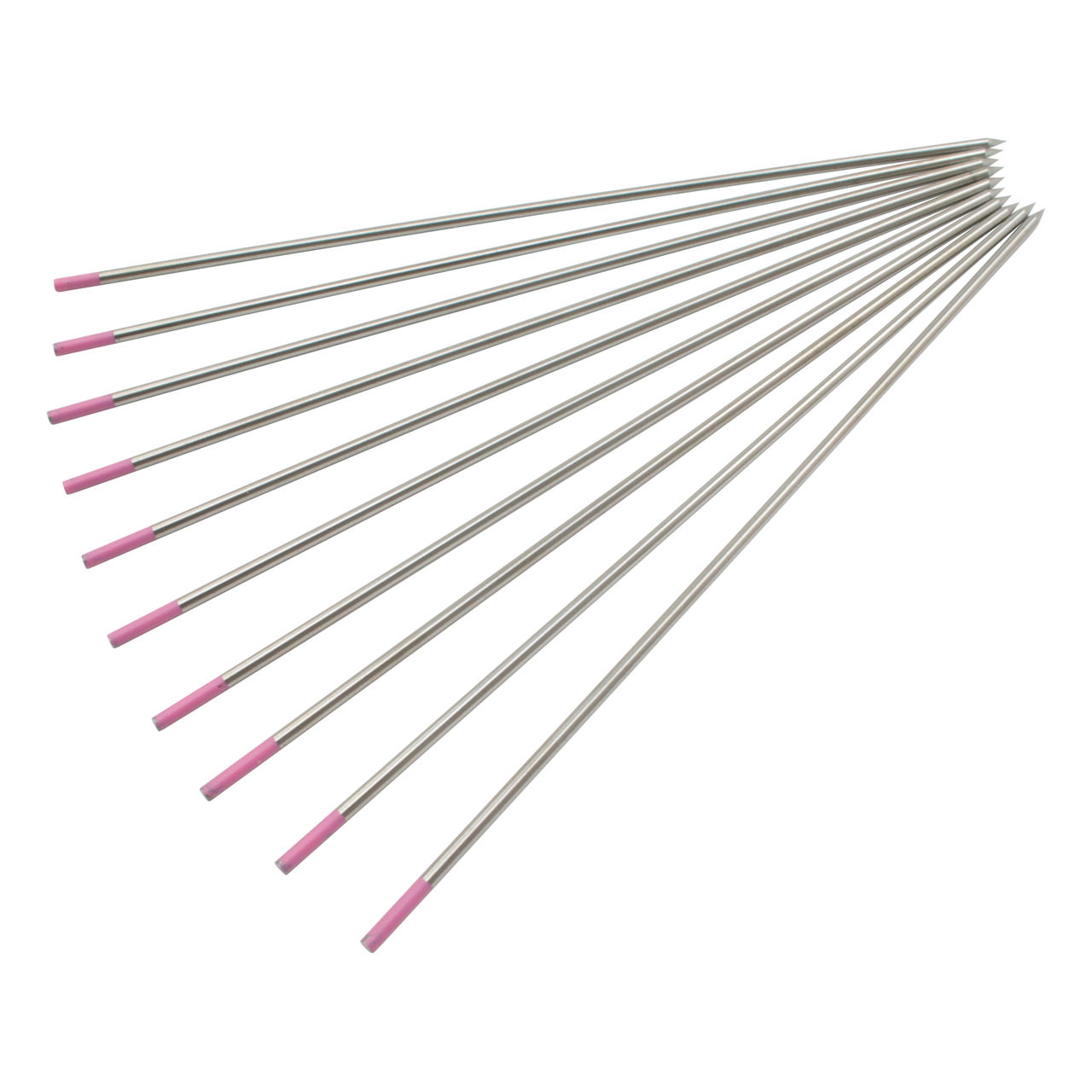 Zehn silberne WIG-Elektroden mit pinkfarbenen Spitzen nebeneinander angeordnet