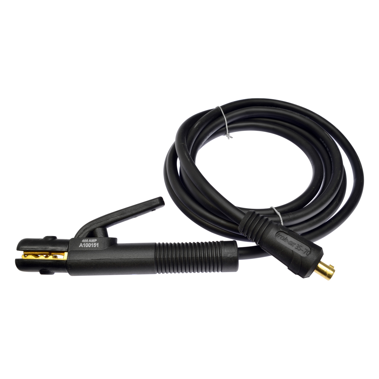 Schwarzer Elektrodenhalter mit angeschlossenem Schweisskabel, 400 Ampere, Griff mit Rillen und Hebel