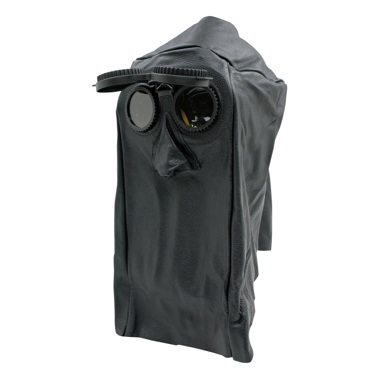Lederkopfhaube mit Klappbrille, mit Nase, hinten geschlossen, Gläser DIN 11