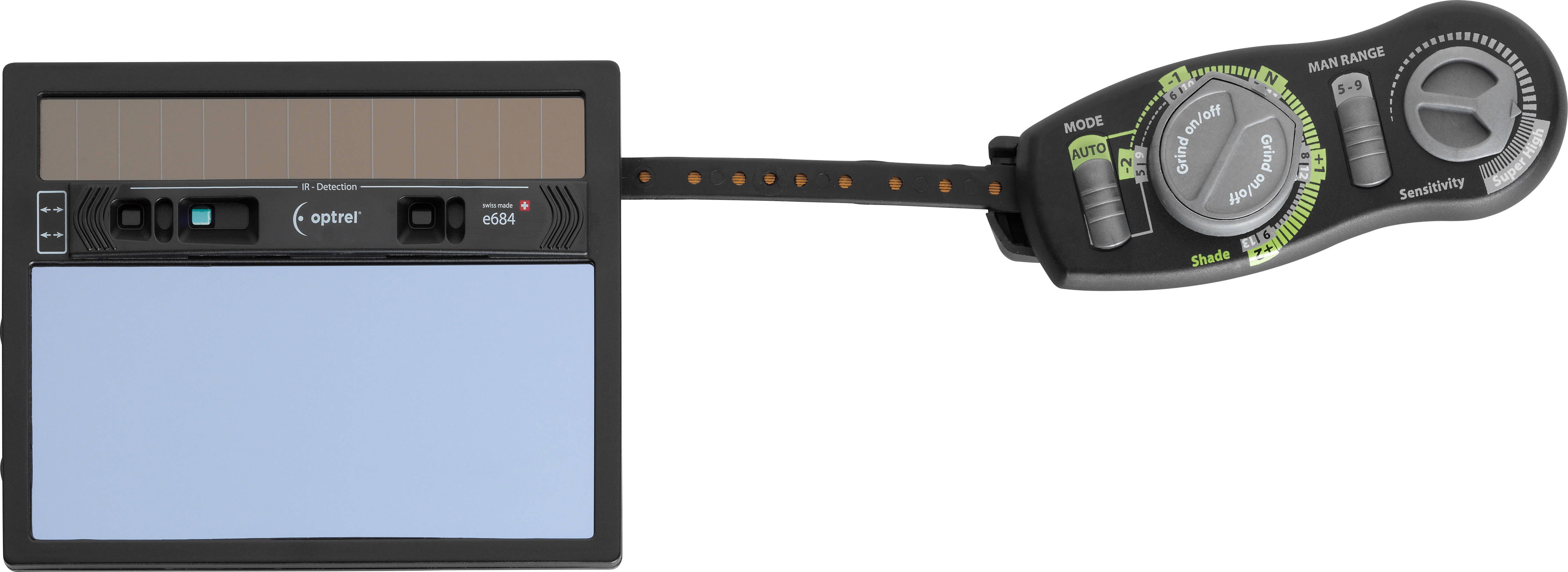 Schweißerschutzglas Optrel e684 mit Solarzelle und integriertem Bedienfeld zur Einstellung von Modus, Empfindlichkeit und Schleiffunktion