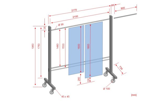 SST4 Schutzwand mit Schwenkarm,2 x 3,9 m, Strukturgewebevorhang, grau, einteilig